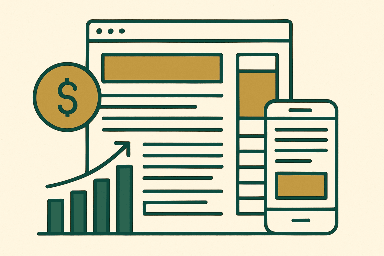 Wireframe of a content article page showing balanced display ad placements in header, sidebar, and in-content sections
